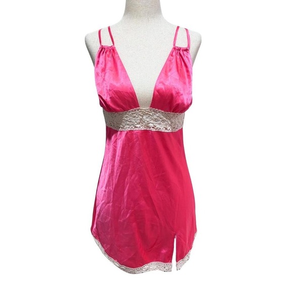 Victoria's Secret Other - VTG Y2K 2005 Victoria's Secret Pink Satin & Cotton Lace Trim Babydoll Slip Dress